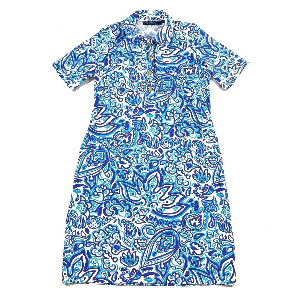 Katherine Way Austin Athleisure Dress Collared Blue Paisley Preppy